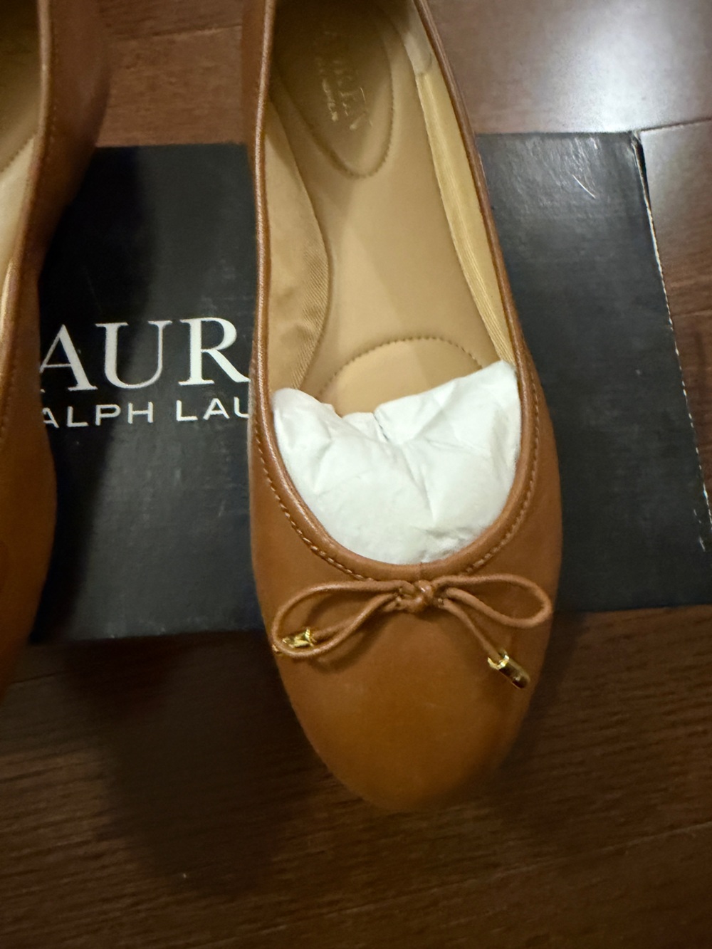 Ralph Lauren Cognac Leather Ballet Flat with Bow - Picture 6 of 12